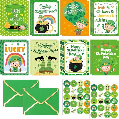 WorldBazaar Happy St. Patrick's Day Cards with Envelopes & Stickers 24 Pcs For Kids and Adults Irish Shamrock Lucky Day Saint Patricks Day Cards in Saudi Arabia