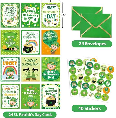 WorldBazaar Happy St. Patrick's Day Cards with Envelopes & Stickers 24 Pcs For Kids and Adults Irish Shamrock Lucky Day Saint Patricks Day Cards in Saudi Arabia