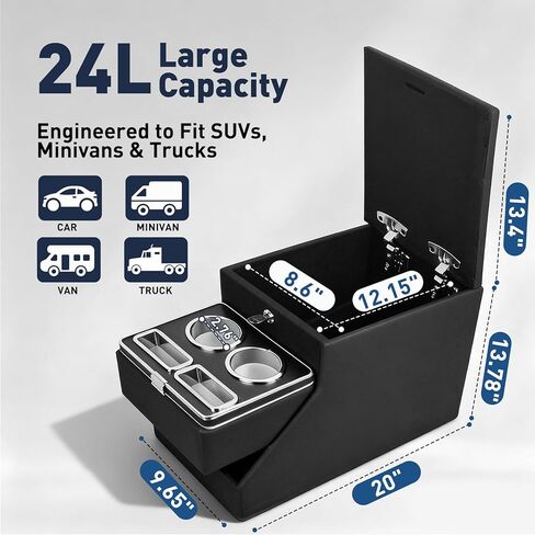 وحدة تحكم مركزية سعة 24 لترًا بين مقاعد سيارات الميني فان وسيارات الدفع الرباعي والشاحنات، مقاس 20 بوصة طول × 9.65 بوصة عرض × 13.78 بوصة ارتفاع، منظم مقعد على الأرض/المقعد مع قفل للتخزين المخفي، وحاملات أكواب مزدوجة ومسند للذراع، وتركيب بدون حفر in Kuwait