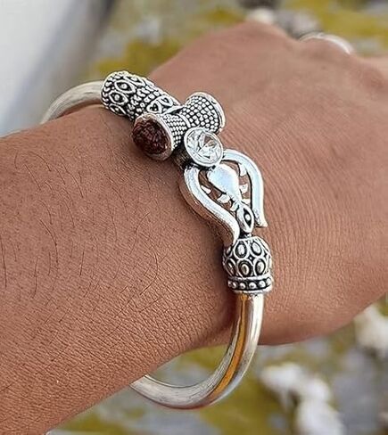 Spiritual Silver Plated Alloy Rudraksha Shiv Trishul Damroo Om Kada for Men. Adjustable Free Size Cuff Bracelets for Men & Women. (Pack Of 1) in Saudi Arabia