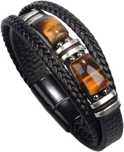 Tiger Eye Black Leather Men’s Bracelet，Handmade Natural Tiger Eye Gemstone Jewelry, Classic Crystal Stone Bracelet with Layered Design in Saudi Arabia