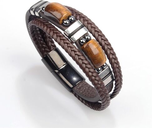 Tiger Eye Black Leather Men’s Bracelet，Handmade Natural Tiger Eye Gemstone Jewelry, Classic Crystal Stone Bracelet with Layered Design in Saudi Arabia