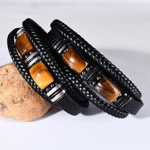 Tiger Eye Black Leather Men’s Bracelet，Handmade Natural Tiger Eye Gemstone Jewelry, Classic Crystal Stone Bracelet with Layered Design in Saudi Arabia