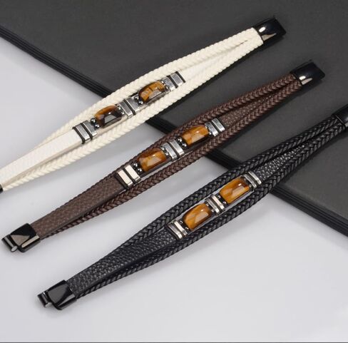 Tiger Eye Black Leather Men’s Bracelet，Handmade Natural Tiger Eye Gemstone Jewelry, Classic Crystal Stone Bracelet with Layered Design in Saudi Arabia