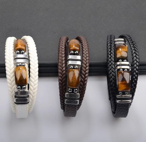 Tiger Eye Black Leather Men’s Bracelet，Handmade Natural Tiger Eye Gemstone Jewelry, Classic Crystal Stone Bracelet with Layered Design in Saudi Arabia