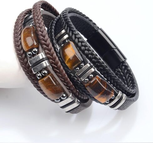 Tiger Eye Black Leather Men’s Bracelet，Handmade Natural Tiger Eye Gemstone Jewelry, Classic Crystal Stone Bracelet with Layered Design in Saudi Arabia