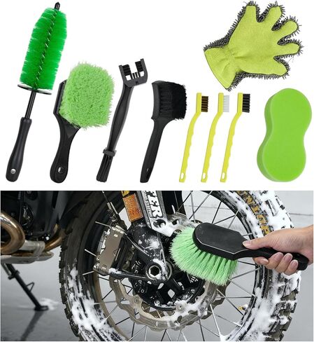 9 Pack Motorcycle Cleaning Kit, Motorcycle Detailing Kit with Chain/Wheel/Rim/Tire Brush, Sponge, Wash Mitt, Detailing Brush, Professional Cleaning Tool for Motorcycle Bike in Kuwait