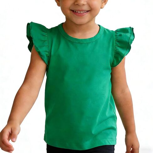 بلوزة أطفال بأكمام مكشكشة سادة تي شيرت للفتيات الصغيرات بلون سادة ملابس كاجوال من القطن للفتيات الصغيرات in Kuwait