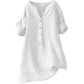 قميص بوهو من الكتان من Betadog للنساء بأكمام قصيرة من الشاش وفتحة رقبة مستديرة وفضفاضة بأزرار بلوزات غير رسمية للإجازات الصيفية 2026 in Kuwait