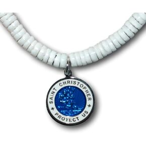 Native Treasure Unisex St Christopher Pendant Surfer Puka Shell Necklace from the Philippines, White Clam Heishi Shell Necklace, Tropical Beach Jewelry, Stainless Steel Cable in Kuwait