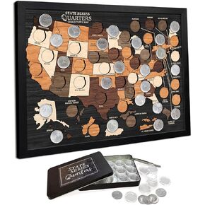 عرض خريطة مجموعة ربع الولاية الخشبية من flinelife، مقاس 16 × 12، 50 ولاية و6 أقاليم، تأتي مع 60 كبسولة عملات بلاستيكية شفافة للتخزين، مثالية لمحبي ربع الولاية والعائلات in Kuwait