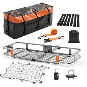 حاملة بضائع قابلة للطي من NEWBULIG - حامل فولاذي مقاس 60.1 بوصة × 20 بوصة × 6 بوصة، بسعة 500 رطل، تتضمن حقيبة مقاومة للماء، وشبكة شحن، وقفل مركب، وأشرطة ومثبت وصلة in Kuwait