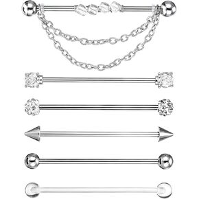 6Pcs Industrial Bar, 14G Industrial Piercing Jewelry, CZ Crystal Chain Surgical Steel Cartilage Earrings Barbell for Women(38mm Bar Length) in Kuwait