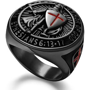 خاتم فرسان الهيكل المسيحي يضعون على درع الله بالكامل أفسس 6: 13-17 تصميم الصليب الأحمر للرجال خاتم كاثوليكي ديني، حلقات راكب الدراجة النارية الشرير لحفلة الكوكتيل 316L من الفولاذ المقاوم للصدأ للرجال هدية in Kuwait