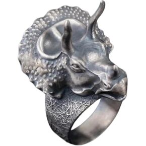 Sterling Silver Triceratops Dinosaur Ring, 0.079 lbs, 1,29 x 1,18 Inch, Ancient Meteorite Accent, Hammered Design, Gothic Punk Mens Ring, Personalized Gift for Boyfriend in Saudi Arabia