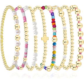 BOMAIL 8 قطع سوار مطرز بالذهب للنساء - مجموعة أساور قابلة للتكديس مطلية بالذهب عيار 14 قيراط قابلة للتعديل كرة خرز مستديرة قابلة للتمدد مجموعة أساور عصرية وإكسسوارات مجوهرات للهدايا in Kuwait