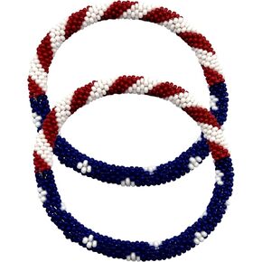 أساور مطرزة بالزجاج مصنوعة يدويًا، تصميم العلم الأمريكي، لون وطني أحمر وأبيض وأزرق، سوار/أساور كروشيه نيبالية رول أون بوهو، خرزة بذور كروشيه 7 بوصة، مجموعة من 2، للبالغين من الجنسين in Kuwait