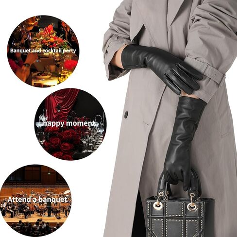 #&? HASHTAG AND WHAT Women's 40cm Long Leather Gloves, Black Real Sheepskin with Silk Lining, Full-Hand Touchscreen in Saudi Arabia