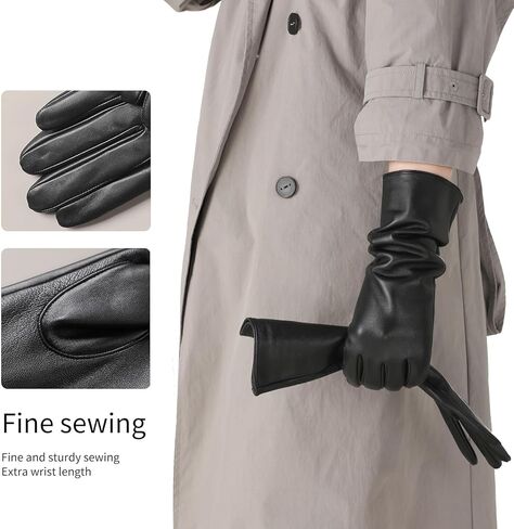 #&? HASHTAG AND WHAT Women's 40cm Long Leather Gloves, Black Real Sheepskin with Silk Lining, Full-Hand Touchscreen in Saudi Arabia