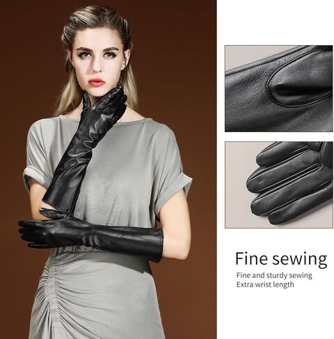 #&? HASHTAG AND WHAT Women's 40cm Long Leather Gloves, Black Real Sheepskin with Silk Lining, Full-Hand Touchscreen in Saudi Arabia