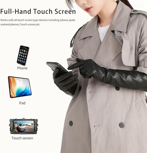 #&? HASHTAG AND WHAT Women's 40cm Long Leather Gloves, Black Real Sheepskin with Silk Lining, Full-Hand Touchscreen in Saudi Arabia