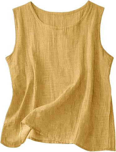 Cotton Linen Tank Tops for Womens Comfy Lounge Wear Summer Sleeveless Shirt Crewneck Casual Blouse Loose Fit Gauze Shirts in Kuwait