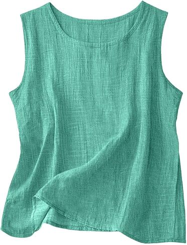 Cotton Linen Tank Tops for Womens Comfy Lounge Wear Summer Sleeveless Shirt Crewneck Casual Blouse Loose Fit Gauze Shirts in Kuwait