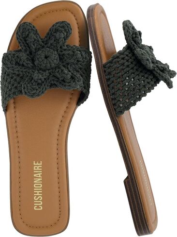 CUSHIONAIRE Gemma Knit Flat Slides for Women, Square Toe Sandals with Woven Flower Detail and Memory Foam in Saudi Arabia
