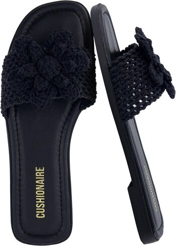CUSHIONAIRE Gemma Knit Flat Slides for Women, Square Toe Sandals with Woven Flower Detail and Memory Foam in Saudi Arabia