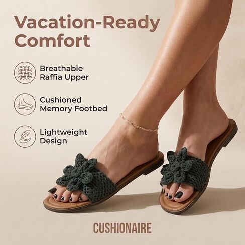 CUSHIONAIRE Gemma Knit Flat Slides for Women, Square Toe Sandals with Woven Flower Detail and Memory Foam in Saudi Arabia
