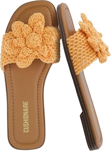 CUSHIONAIRE Gemma Knit Flat Slides for Women, Square Toe Sandals with Woven Flower Detail and Memory Foam in Saudi Arabia