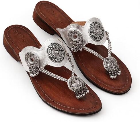 Women’s Silver Leather Handcrafted Kolhapuri Sandals | Traditional Ethnic Slip-On Flats | Comfortable Daily & Festive Wear Footwear in Saudi Arabia