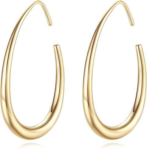 أقراط ذهبية عيار 14 قيراط للنساء أقراط دائرية ذهبية للنساء أقراط مرصعة بخطوط نظيفة وبسيطة وتصميم على شكل حرف C للسيدات أقراط حلقية in Kuwait