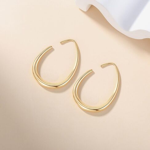 أقراط ذهبية عيار 14 قيراط للنساء أقراط دائرية ذهبية للنساء أقراط مرصعة بخطوط نظيفة وبسيطة وتصميم على شكل حرف C للسيدات أقراط حلقية in Kuwait