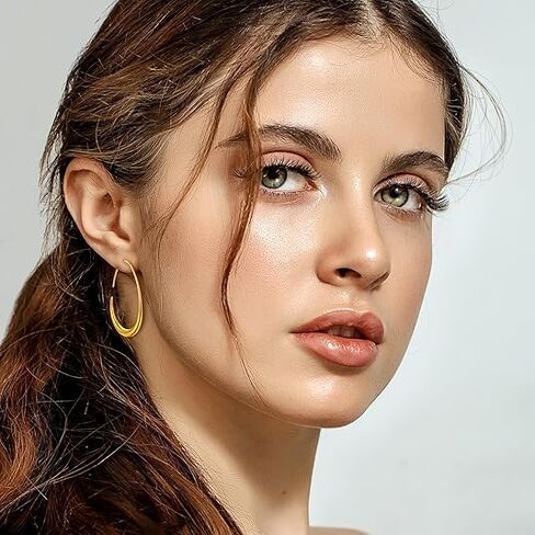 أقراط ذهبية عيار 14 قيراط للنساء أقراط دائرية ذهبية للنساء أقراط مرصعة بخطوط نظيفة وبسيطة وتصميم على شكل حرف C للسيدات أقراط حلقية in Kuwait