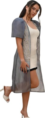Filipiniana Long Blazer with Embroidered Trim, Short Sleeve Open Front Cardigan in Saudi Arabia