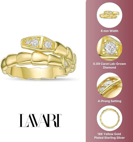 Lavari Jewelers 1/10 Carat Round Lab Grown Diamond Snake Ring for Women I 925 Sterling Silver with 18k Yellow Gold Plating Serpent Ring for Her I Statement Promise Anniversary Wedding Band Size 5 to 9 in Saudi Arabia
