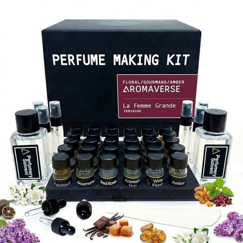 مجموعة صنع عطور لا فيمي غراندي - اصنعي عطرك الخاص باستخدام 30 مكونًا عطريًا وزجاجات رذاذ وقطرات و6 وصفات. اصنعي روائح أنثوية فاخرة مع روائح الأزهار والطازجة in Saudi Arabia