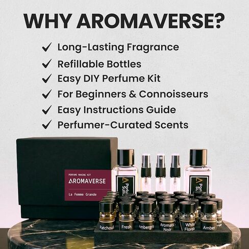 مجموعة صنع عطور لا فيمي غراندي - اصنعي عطرك الخاص باستخدام 30 مكونًا عطريًا وزجاجات رذاذ وقطرات و6 وصفات. اصنعي روائح أنثوية فاخرة مع روائح الأزهار والطازجة in Saudi Arabia
