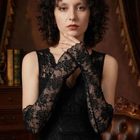 Black Lace Sleeve Gloves for Women - Floral Lace Arm Sleeves - Black Elbow Length Fingerless Gloves for Wedding, Tea Party, Banquet in Saudi Arabia