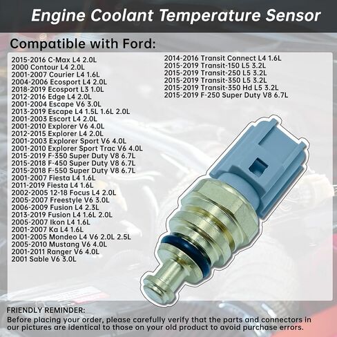 Engine Coolant Temperature Sensor Compatible with Ford 2015-2019 F-350 F-450 F-550 Super Duty 2001-2007 Courier 2015-2016 C-Max 2012-2016 Edge 2001-2019 Escape 2001-2015 Explorer 2006-2019 Fusion in Kuwait