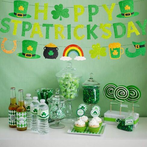 لافتة عيد القديس باتريك السعيدة المُثبتة مسبقًا بدون ديكورات عيد القديس باتريك DIY مع تفاصيل لامعة ذهبية 3 قطع ديكور سانت باتريك البرسيم لوازم الحفلات الأيرلندية in Kuwait