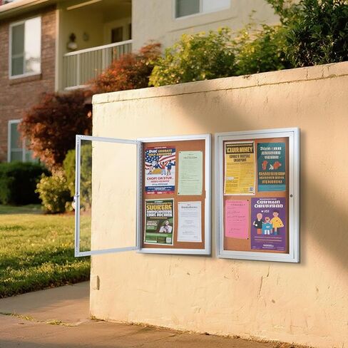 Enclosed Cork Bulletin Board 36"x24" Outdoor Weatherproof Cork Noticeboard with Locking Door Wall-Mounted Silver Aluminium Frame for Home, School, Office, Community, Hospital in Saudi Arabia