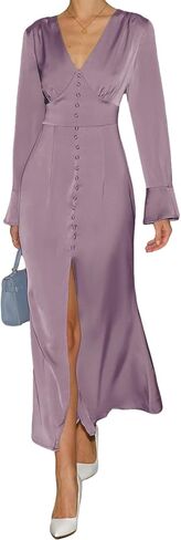 RIHOAS Women's Elegant Formal Semi Formal Dresses - Long Sleeve Flowy A Line Satin Maxi Dress for Fall Wedding Guest in Kuwait