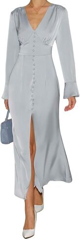 RIHOAS Women's Elegant Formal Semi Formal Dresses - Long Sleeve Flowy A Line Satin Maxi Dress for Fall Wedding Guest in Kuwait