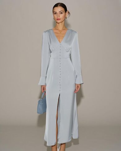 RIHOAS Women's Elegant Formal Semi Formal Dresses - Long Sleeve Flowy A Line Satin Maxi Dress for Fall Wedding Guest in Kuwait