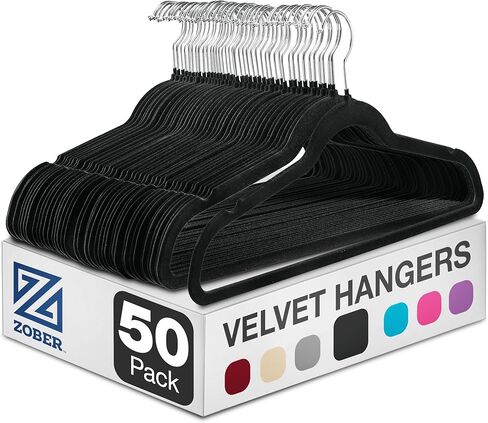 Zober Velvet Hangers 50 Pack - شماعات سوداء شديدة التحمل للمعاطف والسراويل وملابس الفساتين - مجموعة شماعات ملابس غير قابلة للانزلاق - شماعات لباد موفرة للمساحة للملابس in Kuwait