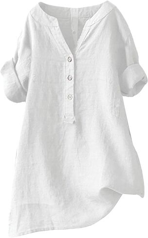 قميص بوهو من الكتان من Betadog للنساء بأكمام قصيرة من الشاش وفتحة رقبة مستديرة وفضفاضة بأزرار بلوزات غير رسمية للإجازات الصيفية 2026 in Kuwait