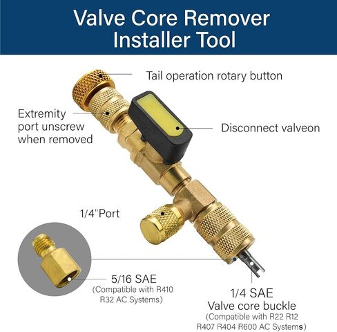 أداة تثبيت مزيل قلب الصمام ومجموعة مفتاح ربط خدمة التدفئة والتهوية وتكييف الهواء، أداة إزالة قلب التدفئة والتهوية وتكييف الهواء مع 1/4 بوصة و5/16 بوصة متوافقة مع SAE، تناسب أنظمة R410A R22 R134a، مجموعة أدوات إصلاح تبريد التيار المتردد in Kuwait