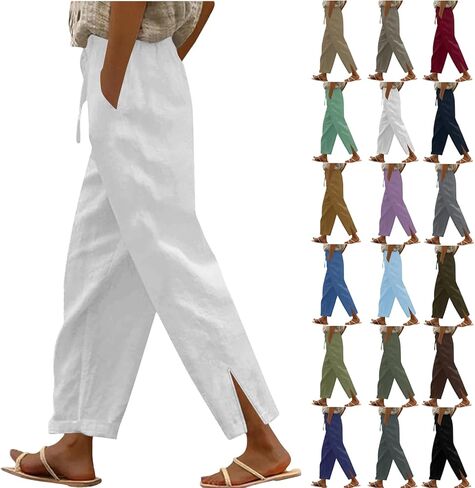 Linen Pants Women Drawstring High Waisted Lightweight Wide Leg Fashion Trousers Beach Vacation Clothes in Saudi Arabia